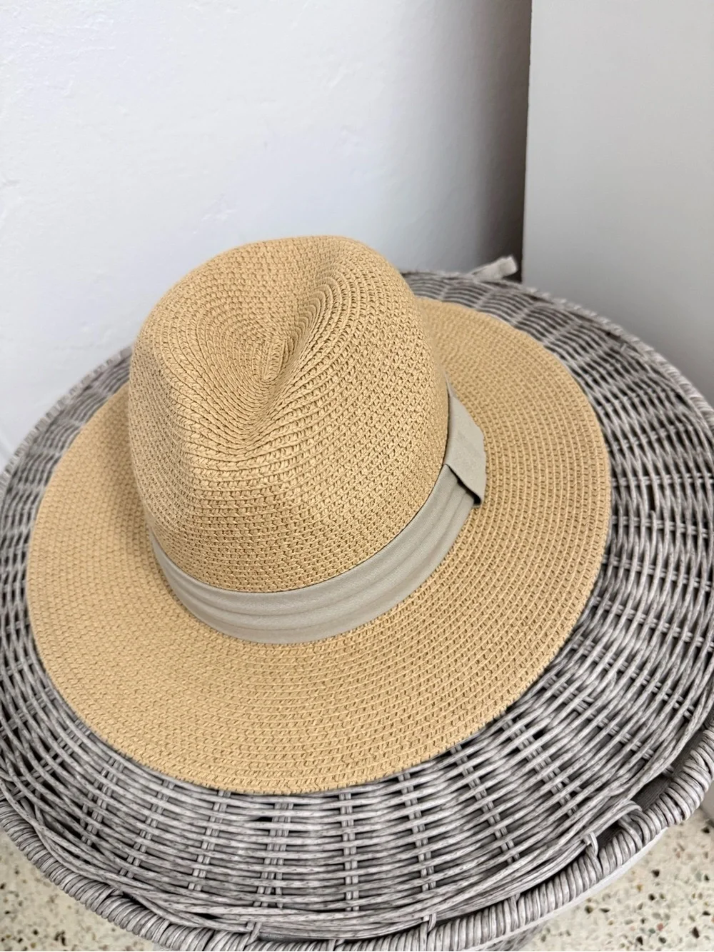 Wide Brim Straw Panama Fedora Sun Hat - Tan